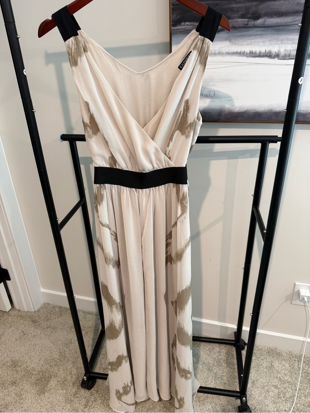 Express Sleeveless V-Neck Maxi Dress in Cream and Taupe with Black Waistband